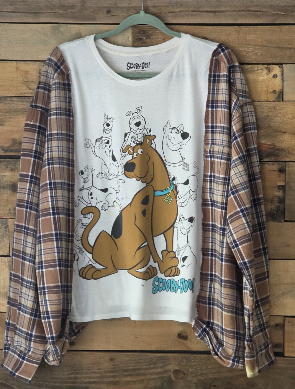 Upcycled Brown Plaid Sleeve Graphic Tee - Brand